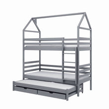 Load image into Gallery viewer, Dalia Bunk Bed with Trundle Storage Arte-N BUNK-DALIA-GREY-R-NM W198cm x H217cm x D98cm The gaps between safety guard panels are 6.5cm wide Distance between beds - 75cm Storage drawers height: Fronts - H11.5cm Sides back H9cm Ladder: Width - 40.5cm Distance between the ladder steps - 20.5cm Universal Ladder Placement - it can be assembled on either side The safety guards are not removable These beds can be taken apart used as three separate beds Made of solid pine wood The slatted bed base is included - mad