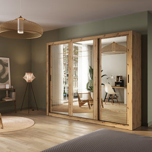 Arti AR-02 Sliding Door Wardrobe 250cm Arte-N ARTI AR-02-B The AR-02 is a brilliantly designed wardrobe with three mirrored doors aesthetic craftsmanship. It sts apart with its large, functional structure offers storage space in the form of seven compartments two exclusive hanging spaces. : W250cm x H215cm x D60cm Three Sliding Doors  Mirrors Two Hanging Rails [Additional Available To Purchase If Shelves Replaced] Six Shelves Made from 16mm high-quality laminated board  Weight: 223kg  Estimated Direct Home 