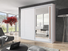 Load image into Gallery viewer, Effect 2 Sliding Door Wardrobe 200cm Arte-N EFFECT EF-1-20 A two-door sliding wardrobe that sts out with a large mirror at its front long stripes of wood that serve as hles as well as decoration. The Effect wardrobe is available in two timeless oak variants – Oak Sonoma Oak Lancelot, two other colours – Columbian Walnut Anderson Pine. It offers storage in the form of six large compartments one hanging section. W200cm x H216cm x D59cm Made from 16mm high-quality laminated board Two Sliding Doors Mirror Five 