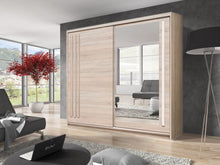 Load image into Gallery viewer, Effect 2 Sliding Door Wardrobe 200cm Arte-N EFFECT EF-1-20 A two-door sliding wardrobe that sts out with a large mirror at its front long stripes of wood that serve as hles as well as decoration. The Effect wardrobe is available in two timeless oak variants – Oak Sonoma Oak Lancelot, two other colours – Columbian Walnut Anderson Pine. It offers storage in the form of six large compartments one hanging section. W200cm x H216cm x D59cm Made from 16mm high-quality laminated board Two Sliding Doors Mirror Five 