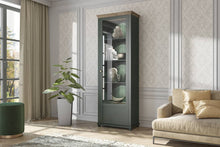 Load image into Gallery viewer, Evora 06 Tall Display Cabinet [Right] Arte-N 24ZRJU06 The Evora 06 is made from 16mm laminated board finished in the timeless Oak Lefkas with stylish green. This impressive piece of furniture features one partially-glazed hinged door with five compartments for storage, which would easily fit it in any contemporary or traditional living room. Its stylish design impeccable craftsmanship will make an excellent addition to your new home. W71cm x H200cm x D42cm Colours: Green Oak Lefkas Abisko Ash Oak Lefkas Par