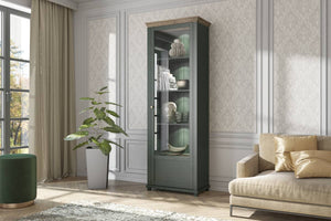 Evora 06 Tall Display Cabinet [Right] Arte-N 24ZRJU06 The Evora 06 is made from 16mm laminated board finished in the timeless Oak Lefkas with stylish green. This impressive piece of furniture features one partially-glazed hinged door with five compartments for storage, which would easily fit it in any contemporary or traditional living room. Its stylish design impeccable craftsmanship will make an excellent addition to your new home. W71cm x H200cm x D42cm Colours: Green Oak Lefkas Abisko Ash Oak Lefkas Par