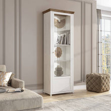 Load image into Gallery viewer, Evora 06 Tall Display Cabinet [Right] Arte-N 24ZRJU06 The Evora 06 is made from 16mm laminated board finished in the timeless Oak Lefkas with stylish green. This impressive piece of furniture features one partially-glazed hinged door with five compartments for storage, which would easily fit it in any contemporary or traditional living room. Its stylish design impeccable craftsmanship will make an excellent addition to your new home. W71cm x H200cm x D42cm Colours: Green Oak Lefkas Abisko Ash Oak Lefkas Par