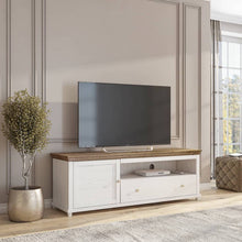 Load image into Gallery viewer, Evora 40 TV Cabinet Arte-N 24ZRJU40 The Evora 40 TV Cabinet is a beautifully crafted, practical functional piece of furniture. Finished in a classic Oak Lefkas with stylish green, it has clean lines, built-in cable management system, ample storage space. The cabinet embodies both quality elegance. W181cm x H61cm x D49cm Colours: Green Oak Lefkas Abisko Oak Oak Lefkas Max Weight limit on Top - 40kg One Hinged Door One Drawer - Max weight limit - 7kg LED Lighting - Optional Cable Management One Open Storage C