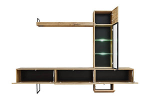 Rise TV Entertainment Media Wall Unit Arte-N FS RS Functional stylish, Rise is an entertainment unit that is sure to impress. It features one partially-glazed hinged door, four shelves four closed compartments for storage. A powered LED lighting system is also included with this unit, allowing you to enjoy a completely customizable lighting experience. Made from premium quality laminated board in timeless Oak Flagstaff, the Rise Entertainment Unit truly exemplifies quality craftsmanship. W240cm x H170cm x D