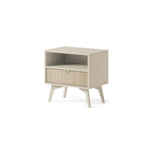 Load image into Gallery viewer, Forest Bedside Table 54cm Arte-N FOREST-S54-BOS Experience functionality style with the Forest Bedside Table. Its spacious drawer open compartment offer ample storage space for your essentials, while the gold aluminum hles add a touch of elegance to the piece. Crafted from durable 16mm laminated board, this table guarantees long-lasting use. The wooden legs provide stability complement its overall aesthetic, making it a versatile addition to any bedroom. W54cm x H54cm x D38cm Colour: Beige Oak Sci Green Oak