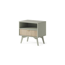 Load image into Gallery viewer, Forest Bedside Table 54cm Arte-N FOREST-S54-BOS Experience functionality style with the Forest Bedside Table. Its spacious drawer open compartment offer ample storage space for your essentials, while the gold aluminum hles add a touch of elegance to the piece. Crafted from durable 16mm laminated board, this table guarantees long-lasting use. The wooden legs provide stability complement its overall aesthetic, making it a versatile addition to any bedroom. W54cm x H54cm x D38cm Colour: Beige Oak Sci Green Oak