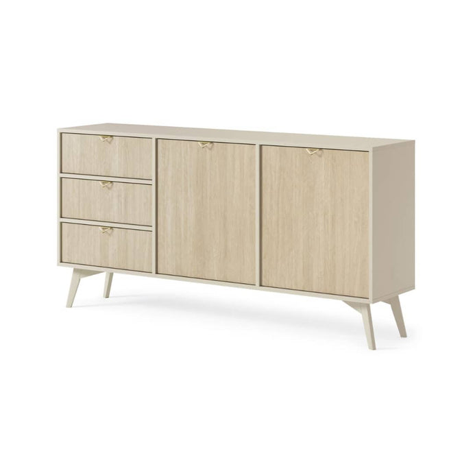Forest Large Sideboard Cabinet 158cm Arte-N FOREST-KSZ158-BOS W158cm x H80cm x D38cm Colour: Beige Oak Sci Green Oak Sci Two Hinged Doors Two Shelves Three Drawers Wooden Legs Gold Aluminium Hles ABS Edging Weight: 51kg Matching Furniture Available Made from 16mm high-quality laminated board Assembly Required Estimated Direct Home Delivery Time: 3 - 4 Weeks
