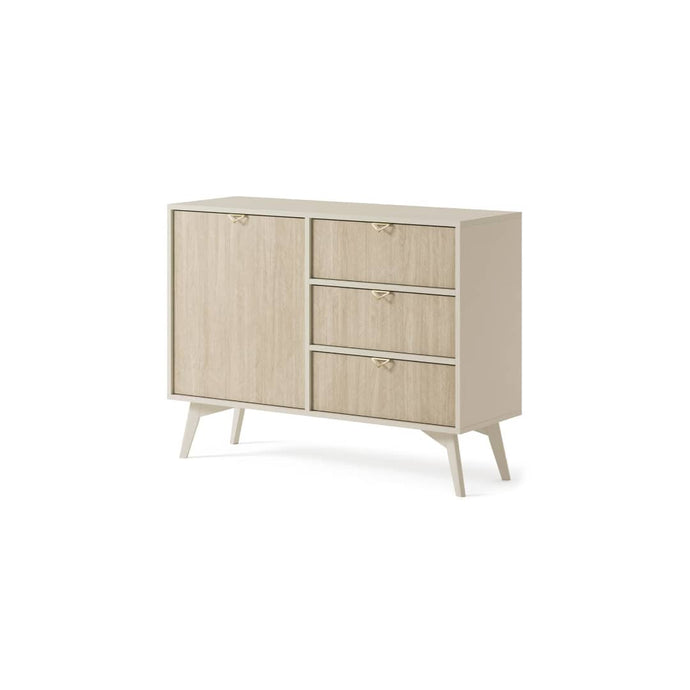 Forest Sideboard Cabinet 106cm Arte-N FOREST-KSZD106-BOS W106cm x H80cm x D38cm Colour: Beige Oak Sci Green Oak Sci One Hinged Door One Shelf Three Drawers Wooden Legs Gold Aluminium Hles ABS Edging Weight: 39kg Matching Furniture Available  Made from 16mm high-quality laminated board Assembly Required Estimated Direct Home Delivery Time: 3 - 4 Weeks