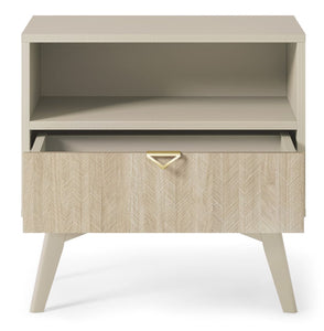 Forest Bedside Table 54cm Arte-N FOREST-S54-BOS Experience functionality style with the Forest Bedside Table. Its spacious drawer open compartment offer ample storage space for your essentials, while the gold aluminum hles add a touch of elegance to the piece. Crafted from durable 16mm laminated board, this table guarantees long-lasting use. The wooden legs provide stability complement its overall aesthetic, making it a versatile addition to any bedroom. W54cm x H54cm x D38cm Colour: Beige Oak Sci Green Oak