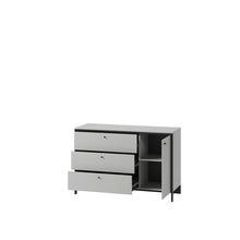 Load image into Gallery viewer, Gris Chest Of Drawers 136cm Arte-N GRIS GS-04 W136cm x H91cm x D49cm Colour: Grey Black One Hinged Door One Shelf Three Drawers LED Lighting Included Weight: 55kg Matching Furniture Available  Made from 16mm high-quality laminated board Assembly Required Estimated Direct Home Delivery Time: 3 - 4 Weeks