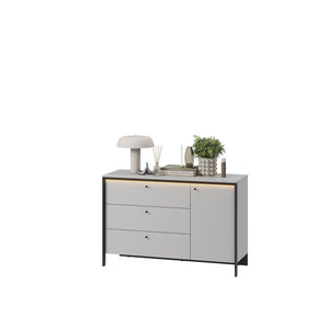Gris Chest Of Drawers 136cm Arte-N GRIS GS-04 W136cm x H91cm x D49cm Colour: Grey Black One Hinged Door One Shelf Three Drawers LED Lighting Included Weight: 55kg Matching Furniture Available  Made from 16mm high-quality laminated board Assembly Required Estimated Direct Home Delivery Time: 3 - 4 Weeks