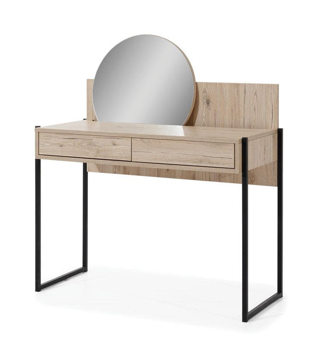 Glass Loft Dressing Table with Mirror Arte-N GLTOL This multifunctional dressing table from Glass Loft collection is crafted from high-quality laminated board features a beautiful round mirror. The dressing table has enough storage space, in the form of two drawers, that can be used to store jewelry cosmetic accessories. W104cm x H114cm x D48cm Colour: Bordeaux Oak  Metal Legs Two Drawers Stylish Rounded Mirror Matching Furniture Available Made from high-quality laminated board Weight: 34.6kg Estimated Dire
