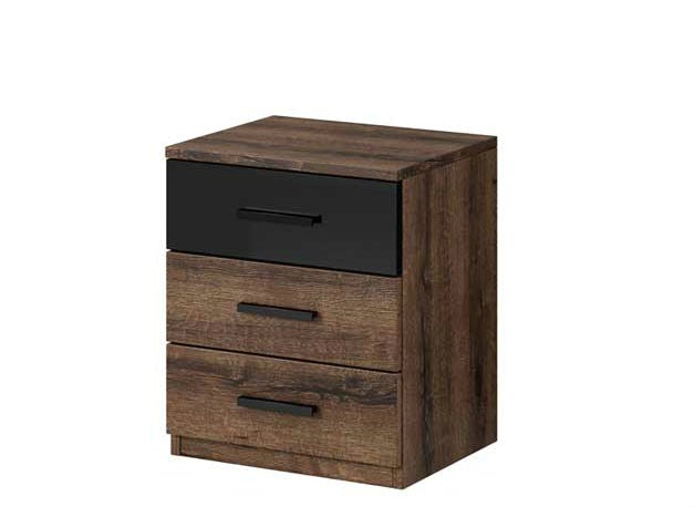 Galaxy Bedside Table Arte-N 24ZBEA22 The Galaxy bedside unit is a modern, elegant positively minimal addition to your bedroom. It boasts three drawers with a simple smooth mechanism, ideal for storing essentials that you’d like to keep close, securely stored. This bedside cabinet is crafted from 15mm furniture board, strengthened with finish foil, has a hard-wearing black gloss finish. The natural oak tones of the Monastery oak veneers create a distinct feature while complimenting any decor. W47cm x H56cm x