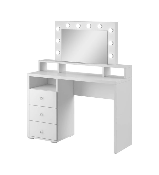 Diva 49 Dressing Table Arte-N 2497KB49 The beautiful contemporary Diva dressing table features a stunning white gloss finish which will make it the perfect feature in any modern décor. This dressing table is made from 16mm laminated board has a built-in mirror, LED lights, shelving space three drawers for ample storage. It will be an excellent choice for any bedroom. W120cm x H136cm x D40cm Colour: White Three Drawers Open Compartment Mirror LED Lighting Included Made from 16mm high-quality laminated board 