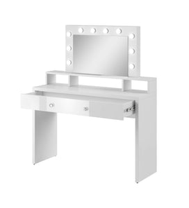 Aria Dressing Table With Mirror Arte-N 2497KF49 This stylish, compact vanity table is ideal for any bedroom. It includes a mirror with LED lighting ample shelving space for cosmetics. One large drawer provides storage space for jewellery valuables. The dressing table is made from high-quality 16mm laminated board comes in a white gloss finish. W120cm x H136cm x D40cm Colour: Front: White Gloss Carcass: White Matt Drawer Mirror LED Lighting Included Made from 16mm high-quality laminated board Assembly Requir