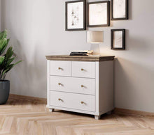 Load image into Gallery viewer, Evora 27 Chest of Drawers Arte-N 247DJU27 Modern sleekly designed, the stylish Evora 27 is a great addition to any home. Sting upright, it features four drawers, two large two small, in a compact size that perfectly fits anywhere without using needless floor space. With quality craftsmanship, clever design constant attention to detail, this chest is an excellent storage solution. W90cm x H81cm x D42cm Colour: Abisko Ash Oak Lefkas Green Oak Lefkas Four Drawers Matching Furniture Available Made from 16mm hig