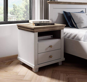 Evora 22 Bedside Table Arte-N 247DJU22 This bedside table is perfectly designed to blend in any modern or contemporary decor. With two drawers one large open compartment on top, it provides ample space to fit essential personal items for daily use. You can choose from two different colours, Oak Lefkas with green or white, so your space can reflect the rest of the design scheme perfectly. It is made from 16mm laminated board feels solid while being lightweight strong. W52cm x H54cm x D42cm Colour: Abisko Ash