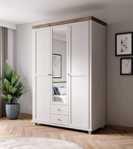 Evora 19 - 3 Door Wardrobe 154cm Arte-N 247DJU19 Add a touch of elegance to any bedroom make the most of its floor space with this beautiful modern mirrored wardrobe. It impresses with its high-quality craftsmanship offers two drawers, six shelves one hanging rail for storage. The three hinged doors are made from 16mm laminated board for durability, strength resistance against abrasion. W154cm x H216cm x D62cm Colour: Abisko Ash Oak Lefkas Green Oak Lefkas Three Hinged Doors [One Glass] Six Shelves Hanging 