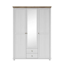 Load image into Gallery viewer, Evora 19 - 3 Door Wardrobe 154cm Arte-N 247DJU19 Add a touch of elegance to any bedroom make the most of its floor space with this beautiful modern mirrored wardrobe. It impresses with its high-quality craftsmanship offers two drawers, six shelves one hanging rail for storage. The three hinged doors are made from 16mm laminated board for durability, strength resistance against abrasion. W154cm x H216cm x D62cm Colour: Abisko Ash Oak Lefkas Green Oak Lefkas Three Hinged Doors [One Glass] Six Shelves Hanging 