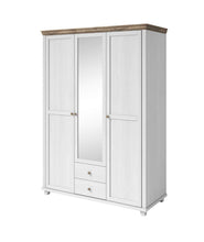 Load image into Gallery viewer, Evora 19 - 3 Door Wardrobe 154cm Arte-N 247DJU19 Add a touch of elegance to any bedroom make the most of its floor space with this beautiful modern mirrored wardrobe. It impresses with its high-quality craftsmanship offers two drawers, six shelves one hanging rail for storage. The three hinged doors are made from 16mm laminated board for durability, strength resistance against abrasion. W154cm x H216cm x D62cm Colour: Abisko Ash Oak Lefkas Green Oak Lefkas Three Hinged Doors [One Glass] Six Shelves Hanging 