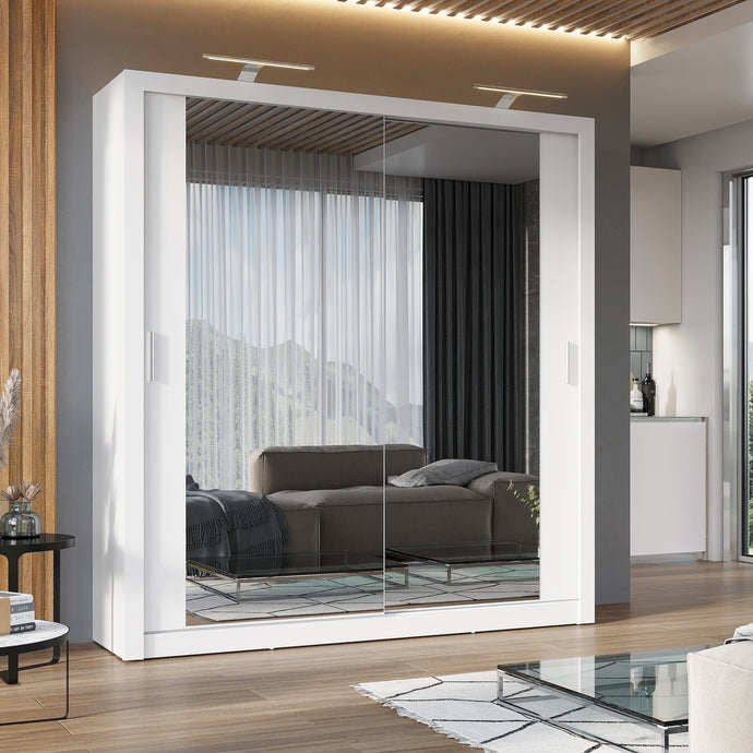 Idea ID-16 Sliding Door Wardrobe 200cm Arte-N IDEA-ID-16-WM W200cm x H215cm x D60cm Colour: White  Grey Two Sliding Doors [Mirrored] Five Shelves One Hanging Rail Optional LED Lighting [Purchased Separately] Made from 16mm high-quality laminated board Assembly Required Weight: 183kg Estimated Direct Home Delivery Time: 2 - 4 Weeks