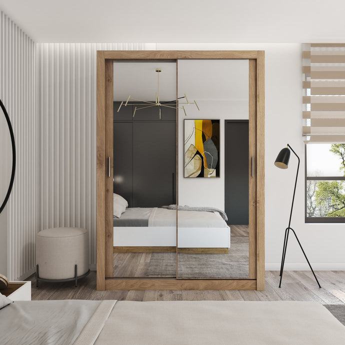 Idea ID-17 Sliding Door Wardrobe 150cm Arte-N IDEA-ID-17-WM W150cm x H215cm x D60cm Colour: White  Grey Oak Shetl Two Sliding Doors [Mirrored] Five Shelves One Hanging Rail Optional LED Lighting [Purchased Separately] Made from 16mm high-quality laminated board Assembly Required Weight: 150kg Estimated Direct Home Delivery Time: 2 - 4 Weeks