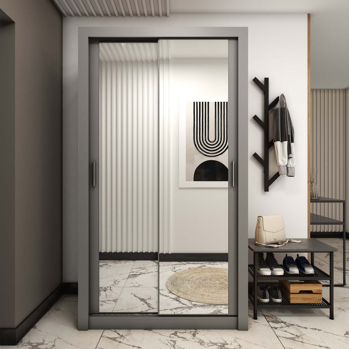 Idea ID-18 Sliding Door Wardrobe 120cm Arte-N IDEA-ID-18-WM W120cm x H215cm x D60cm Colour: White  Grey Oak Shetl Two Sliding Doors [Mirrored] Five Shelves One Hanging Rail Optional LED Lighting [Purchased Separately] Made from 16mm high-quality laminated board Assembly Required Weight: 128kg Estimated Direct Home Delivery Time: 2 - 4 Weeks