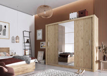 Load image into Gallery viewer, Idea ID-01 Sliding Door Wardrobe 250cm Arte-N IDEA-ID-01-250-G A three-door spacious wardrobe with an aesthetically mirrored front spacious inside-layout. The ID-01 is available in three different colour variants – sophisticated grey, universal white a classy oak. Storage options include two exclusive hanging sections a total of seven compartments. W250cm x H215cm x D60cm Three Sliding Doors Mirror Six Shelves Two Hanging Rails Matching Furniture Available  Made from 16mm high-quality laminated board Weight