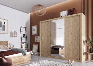 Idea ID-01 Sliding Door Wardrobe 250cm Arte-N IDEA-ID-01-250-G A three-door spacious wardrobe with an aesthetically mirrored front spacious inside-layout. The ID-01 is available in three different colour variants – sophisticated grey, universal white a classy oak. Storage options include two exclusive hanging sections a total of seven compartments. W250cm x H215cm x D60cm Three Sliding Doors Mirror Six Shelves Two Hanging Rails Matching Furniture Available  Made from 16mm high-quality laminated board Weight