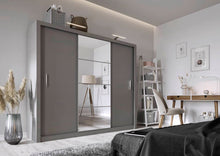 Load image into Gallery viewer, Idea ID-01 Sliding Door Wardrobe 250cm Arte-N IDEA-ID-01-250-G A three-door spacious wardrobe with an aesthetically mirrored front spacious inside-layout. The ID-01 is available in three different colour variants – sophisticated grey, universal white a classy oak. Storage options include two exclusive hanging sections a total of seven compartments. W250cm x H215cm x D60cm Three Sliding Doors Mirror Six Shelves Two Hanging Rails Matching Furniture Available  Made from 16mm high-quality laminated board Weight