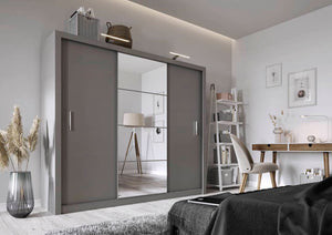 Idea ID-01 Sliding Door Wardrobe 250cm Arte-N IDEA-ID-01-250-G A three-door spacious wardrobe with an aesthetically mirrored front spacious inside-layout. The ID-01 is available in three different colour variants – sophisticated grey, universal white a classy oak. Storage options include two exclusive hanging sections a total of seven compartments. W250cm x H215cm x D60cm Three Sliding Doors Mirror Six Shelves Two Hanging Rails Matching Furniture Available  Made from 16mm high-quality laminated board Weight