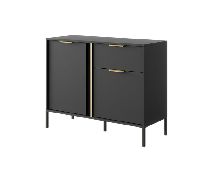 Lars Sideboard Cabinet 103cm Arte-N LARS-D-AN W103cm x H82cm x D40cm Colour: Anthracite Gold Two Hinged Doors Two Shelves One Drawer Gold Hles Black Metal Legs ABS Edging Matching Furniture Available  Made from 16mm high-quality laminated board Assembly Required Weight: 33kg Estimated Direct Home Delivery Time: 3 - 4 Weeks