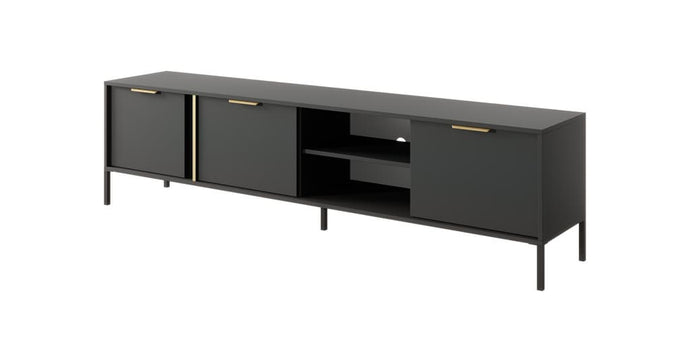 Lars TV Cabinet 203cm Arte-N LARS-F-AN W203cm x H54cm x D40cm Colour: Anthracite Gold Three Hinged Doors One Shelf Cable Management System Gold Hles Black Metal Legs ABS Edging Matching Furniture Available  Made from 16mm high-quality laminated board Assembly Required Weight: 36kg Estimated Direct Home Delivery Time: 3 - 4 Weeks