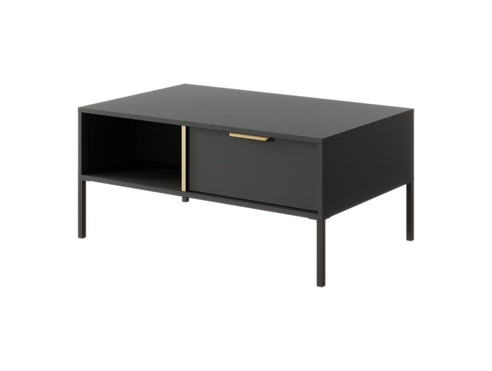 Lars Coffee Table 97cm Arte-N LARS-H-AN W97cm x H44cm x D60cm Colour: Anthracite Gold Two Drawers Open Compartment Gold Hles Black Metal Legs ABS Edging Matching Furniture Available  Made from 16mm high-quality laminated board Assembly Required Weight: 26kg Estimated Direct Home Delivery Time: 3 - 4 Weeks