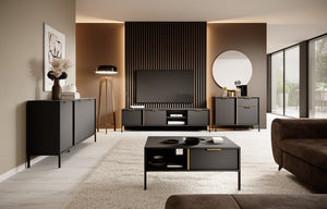Lars Sideboard Cabinet 153cm [Drawers] Arte-N LARS-B-AN W153cm x H82cm x D40cm Colour: Anthracite Gold Three Hinged Doors Three Shelves Two Drawers Gold Hles Black Metal Legs ABS Edging Matching Furniture Available  Made from 16mm high-quality laminated board Assembly Required Weight: 48kg Estimated Direct Home Delivery Time: 3 - 4 Weeks