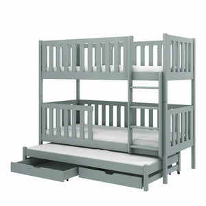 Lea Bunk Bed with Trundle Storage Arte-N BUNK-LEA-GREY-NM W198cm x H164cm x D98cm The gaps between safety guard panels are 6.5cm wide Top Safety Guard Height - 41.5cm Bottom Safety Guard Height: 41.5cm Distance between beds - 74cm Storage Drawers Height: Fronts - H11.5cm Sides back H9cm Ladder: Width - 40.5cm Distance between the ladder steps - 20.5cm Universal Ladder Placement - it can be assembled on either side The safety guards are not removable These beds can be taken apart used as three separate beds 