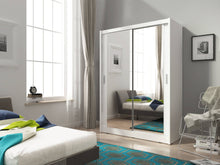 Load image into Gallery viewer, Maja Sliding Door Wardrobe 130cm Arte-N MAJA-130-1M-W Slim, compact but highly functional, this Maja wardrobe has two sliding doors with a choice of either both or one of them being mirrored. Perfect for small houses studio apartments, narrow spaces such as hallways or rooms with limited floor area. This wardrobe is reinforced with ABS edging for scratch-resistance, offers storage space in the form of five compartments one hanging section. W130cm x H200cm x D62cm ABS Edging Hanging Rail Four Shelves Choice 