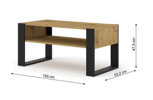 Mondi Coffee Table 100cm Arte-N MONDI-CT100x50-OA W100cm x H48cm x D53cm Colour: Oak Artisan White One Shelf Black Wooden Legs ABS Edging Matching Furniture Available  Made from 16mm high-quality laminated board Assembly Required Estimated Direct Home Delivery Time: 3 - 4 Weeks