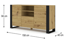 Load image into Gallery viewer, Mondi Sideboard Cabinet 158cm Arte-N MONDI-KOM-2D1K-158-OA W158cm x H84cm x D40cm Colour: Oak Artisan Black Two Hinged Doors Three Shelves One Closed Compartment Black Wooden Legs ABS Edging Weight: 56kg Matching Furniture Available  Made from 16mm high-quality laminated board Assembly Required Estimated Direct Home Delivery Time: 3 - 4 Weeks
