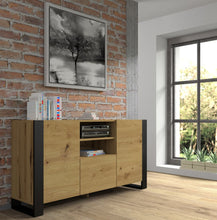 Load image into Gallery viewer, Mondi Sideboard Cabinet 158cm Arte-N MONDI-KOM-2D1K-158-OA W158cm x H84cm x D40cm Colour: Oak Artisan Black Two Hinged Doors Three Shelves One Closed Compartment Black Wooden Legs ABS Edging Weight: 56kg Matching Furniture Available  Made from 16mm high-quality laminated board Assembly Required Estimated Direct Home Delivery Time: 3 - 4 Weeks