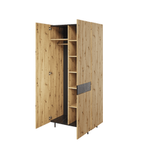 Load image into Gallery viewer, Marmo MR-01 Tall Cabinet 92cm Arte-N MARMO MR-01 W92cm x H200cm x D52cm Colour: Oak Artisan San Sebastian Two Hinged Doors Six Shelves Hanging Rail Metal Legs Soft-Close Weight: 82kg Made from 16mm high-quality laminated board Assembly Required Estimated Direct Home Delivery Time: 2-4 Weeks