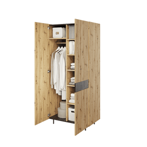 Marmo MR-01 Tall Cabinet 92cm Arte-N MARMO MR-01 W92cm x H200cm x D52cm Colour: Oak Artisan San Sebastian Two Hinged Doors Six Shelves Hanging Rail Metal Legs Soft-Close Weight: 82kg Made from 16mm high-quality laminated board Assembly Required Estimated Direct Home Delivery Time: 2-4 Weeks