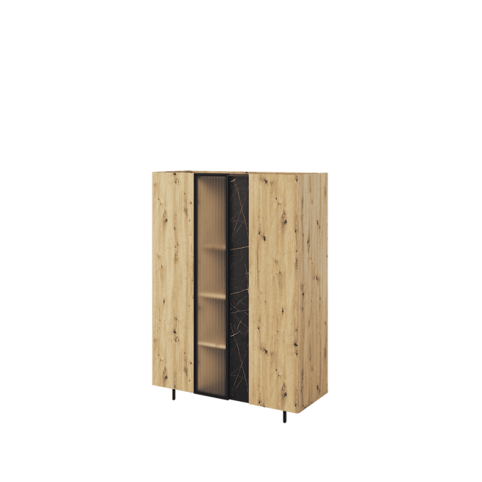 Marmo MR-05 Highboard Cabinet 100cm Arte-N MARMO MR-05 W100cm x H142cm x D42cm Colour: Oak Artisan San Sebastian Three Hinged Doors [One Partially Glassed] Nine Shelves Metal Legs LED Lighting Included Matching Furniture Available Weight: 65kg Made from 16mm high-quality laminated board Assembly Required Estimated Direct Home Delivery Time: 2-4 Weeks
