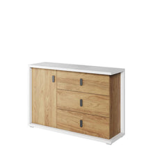 Load image into Gallery viewer, Massi MS-05 Sideboard Cabinet Arte-N SIMI MS-05 Get inspired by the natural colours of this Scinavian-style unit - it will blend into any home. The rich wood tones are echoed in the timeless Natural Hickory décor, while three drawers one hinged door provide plenty of storage space. Made from 16mm laminated board, this sideboard is strengthened with ABS edging for durability. W135cm x H90cm x D41cm Colour: Natural Hickory Alpine White Three Drawers One Door Two Shelves ABS Edging Made from 16mm high-quality 