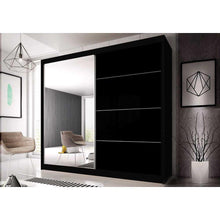 Load image into Gallery viewer, Multi 31 Sliding Mirror Door Wardrobe 183cm Arte-N MULTI31-W-183 This lofty wardrobe from the Multi collection maximizes its storage capacity with a tall stature segregated interior. It sts out with its highly decorative sliding doors, one mirrored the other enjoying a shiny, black gloss décor with contrasting white lining. The Multi 31 features a total of six shelves, three removable in nature, one hanging section. W183cm x H218cm x D61cm Wardrobe with two sliding doors Black Gloss mirror fronts Choice of 