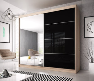 Multi 31 Sliding Mirror Door Wardrobe 183cm Arte-N MULTI31-W-183 This lofty wardrobe from the Multi collection maximizes its storage capacity with a tall stature segregated interior. It sts out with its highly decorative sliding doors, one mirrored the other enjoying a shiny, black gloss décor with contrasting white lining. The Multi 31 features a total of six shelves, three removable in nature, one hanging section. W183cm x H218cm x D61cm Wardrobe with two sliding doors Black Gloss mirror fronts Choice of 