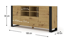 Load image into Gallery viewer, Mondi Sideboard Cabinet 188cm Arte-N MONDI-KOM-2D2K-188-OA W188cm x H84cm x D40cm Colour: Oak Artisan Black Two Hinged Doors Two Closed Compartments Four Shelves Black Wooden Legs Weight: 58kg ABS Edging Matching Furniture Available  Made from 16mm high-quality laminated board Assembly Required Estimated Direct Home Delivery Time: 3 - 4 Weeks