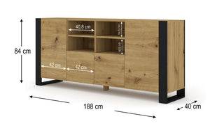Mondi Sideboard Cabinet 188cm Arte-N MONDI-KOM-2D2K-188-OA W188cm x H84cm x D40cm Colour: Oak Artisan Black Two Hinged Doors Two Closed Compartments Four Shelves Black Wooden Legs Weight: 58kg ABS Edging Matching Furniture Available  Made from 16mm high-quality laminated board Assembly Required Estimated Direct Home Delivery Time: 3 - 4 Weeks