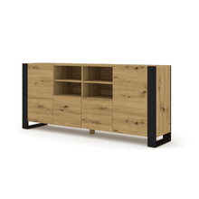 Load image into Gallery viewer, Mondi Sideboard Cabinet 188cm Arte-N MONDI-KOM-2D2K-188-OA W188cm x H84cm x D40cm Colour: Oak Artisan Black Two Hinged Doors Two Closed Compartments Four Shelves Black Wooden Legs Weight: 58kg ABS Edging Matching Furniture Available  Made from 16mm high-quality laminated board Assembly Required Estimated Direct Home Delivery Time: 3 - 4 Weeks